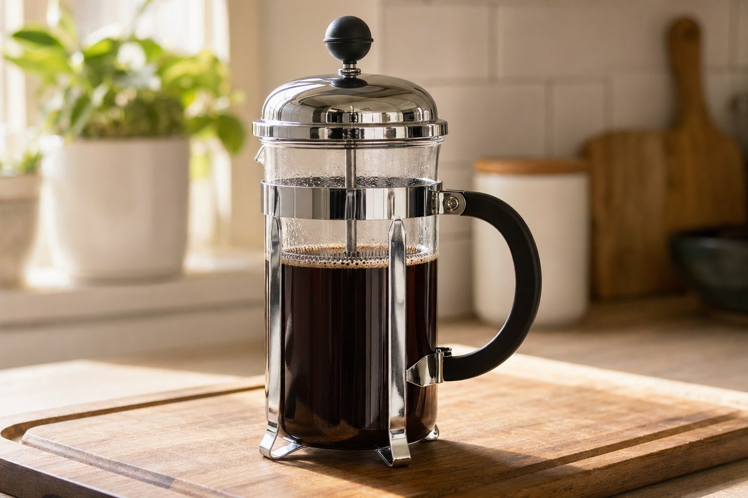 Bodum Chambord French press on a walnut cutting board, dark coffee visible through the glass beaker, chrome cage and black handle