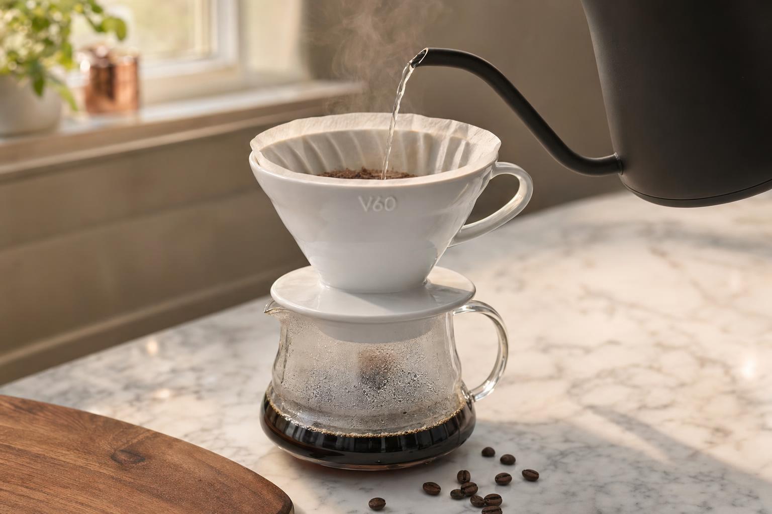 Hot water being poured from a Fellow Stagg gooseneck kettle into a Hario V60 ceramic dripper on a marble counter