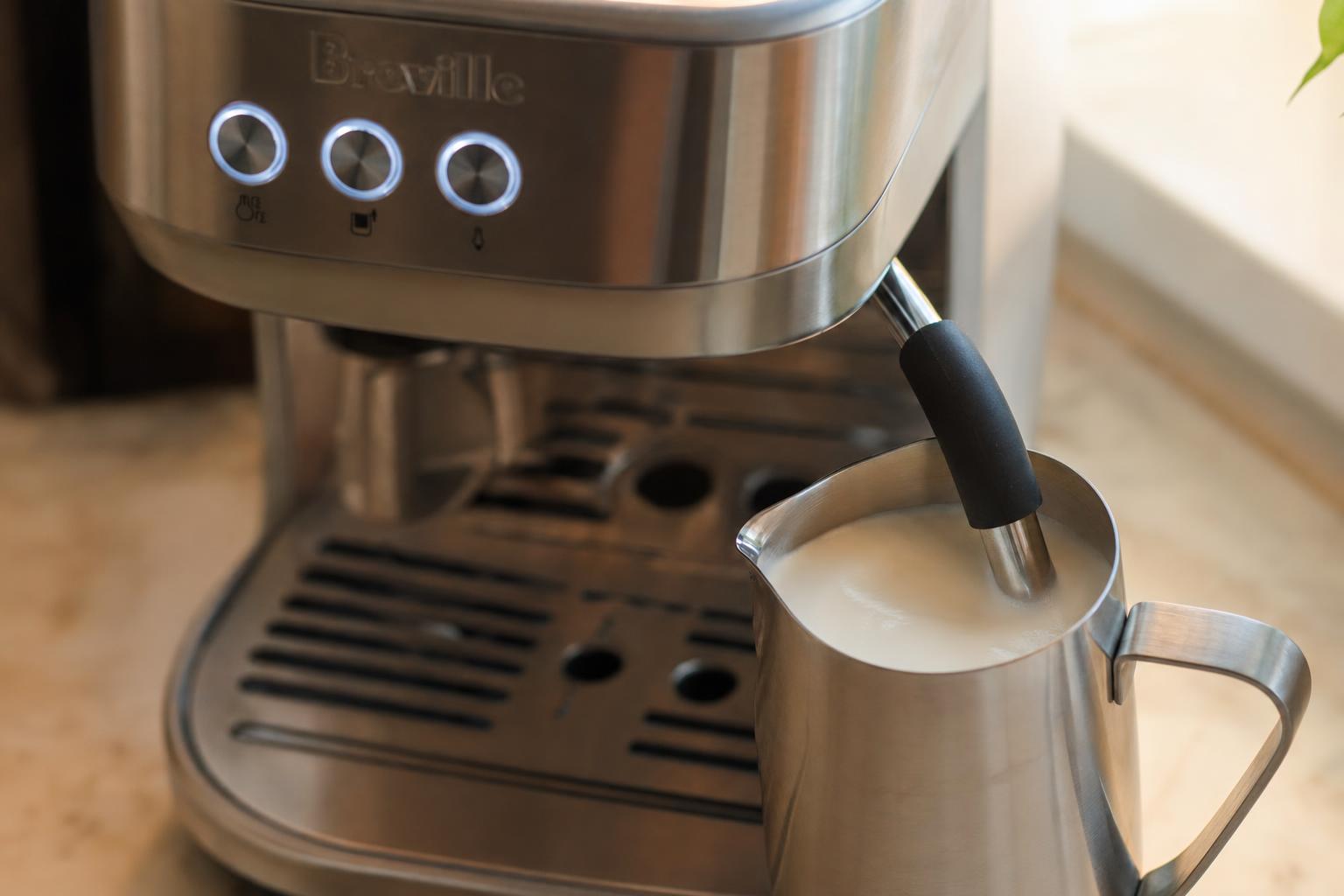 Breville Bambino Plus steam wand submerged in a stainless steel frothing pitcher forming thin microfoam for a cortado