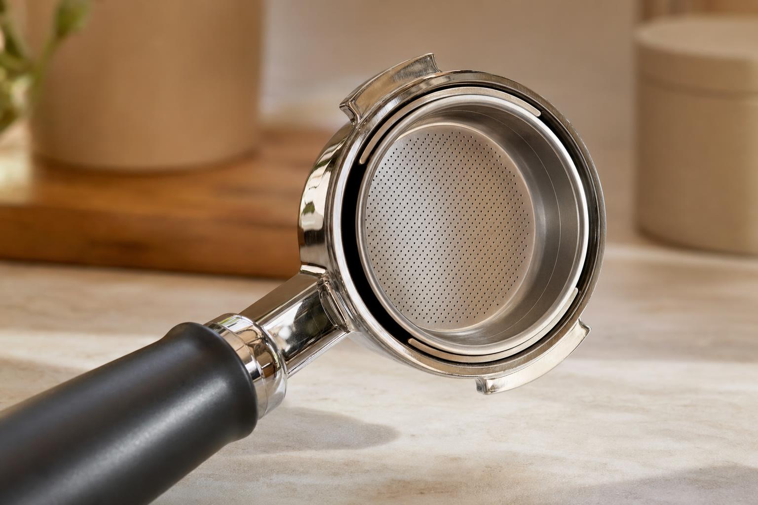 Close-up of a 58mm bottomless Gaggia Classic Pro portafilter showing the perforated filter basket, spring clip detail, and chrome-plated brass body